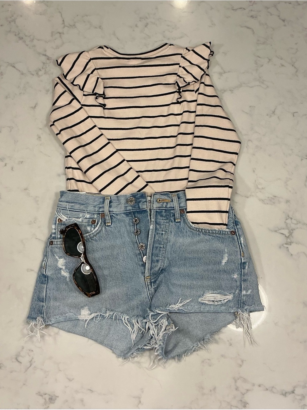 Zara Ivory and Black Striped Ruffle-Shoulder Long Sleeve Top